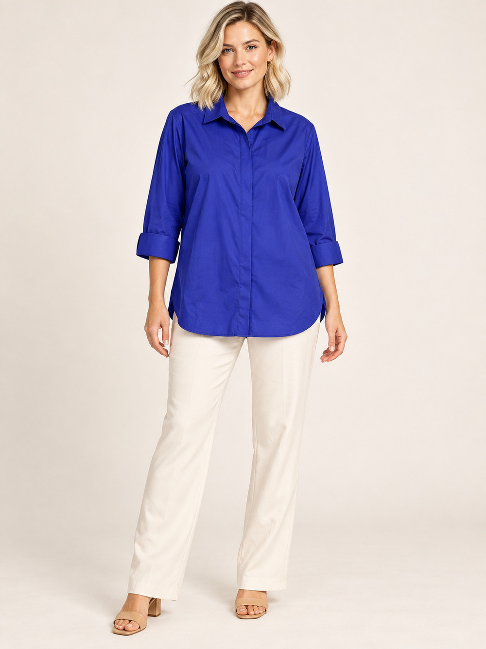 Chico's Royal Blue No Iron Cotton Button Front Shirt 2 L #A6052